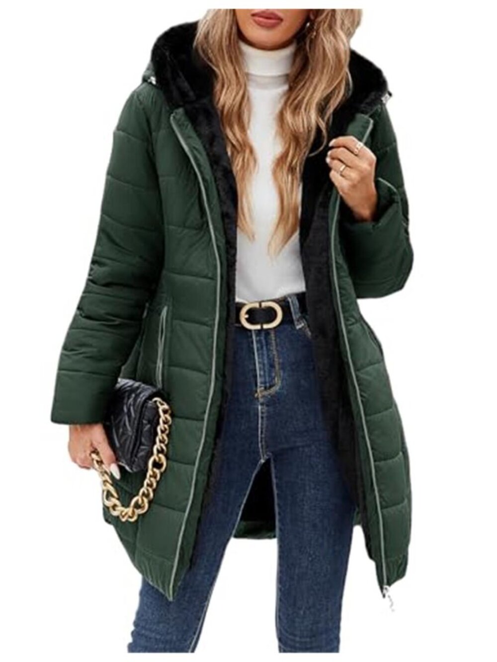Women's Winter Fleece Warm Coat Windproof Slim Fit Long Down Jacket Hooded
